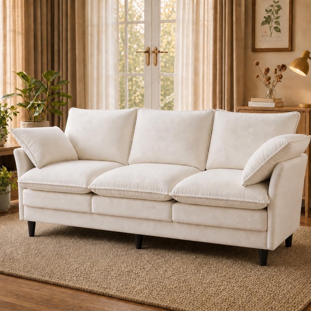 KYJ 69 Inch Small Sofa, 3-Seater Loveseat Couch with Cloud 2 Layer Cushion, 22.8" Deep Seat, Oversized Pillows, Chenille Fabric, Compact for Small Spaces,Apartment, Living Room, Studio, Office, Beige