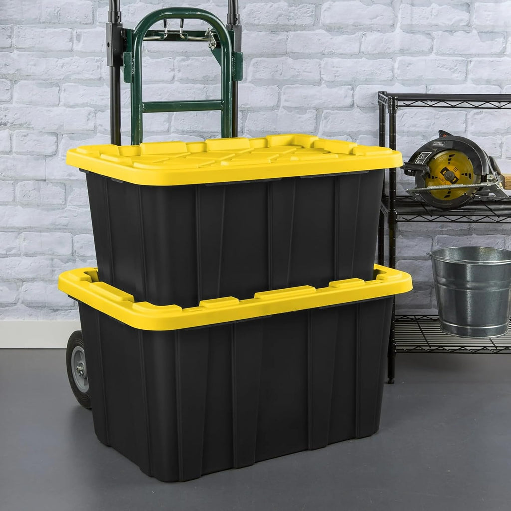 6 Pack, Large 27 Gallon Durable Plastic Storage Bin with Snap-On Lid, Storage Bin for Home Garage Organization, Black and Yellow