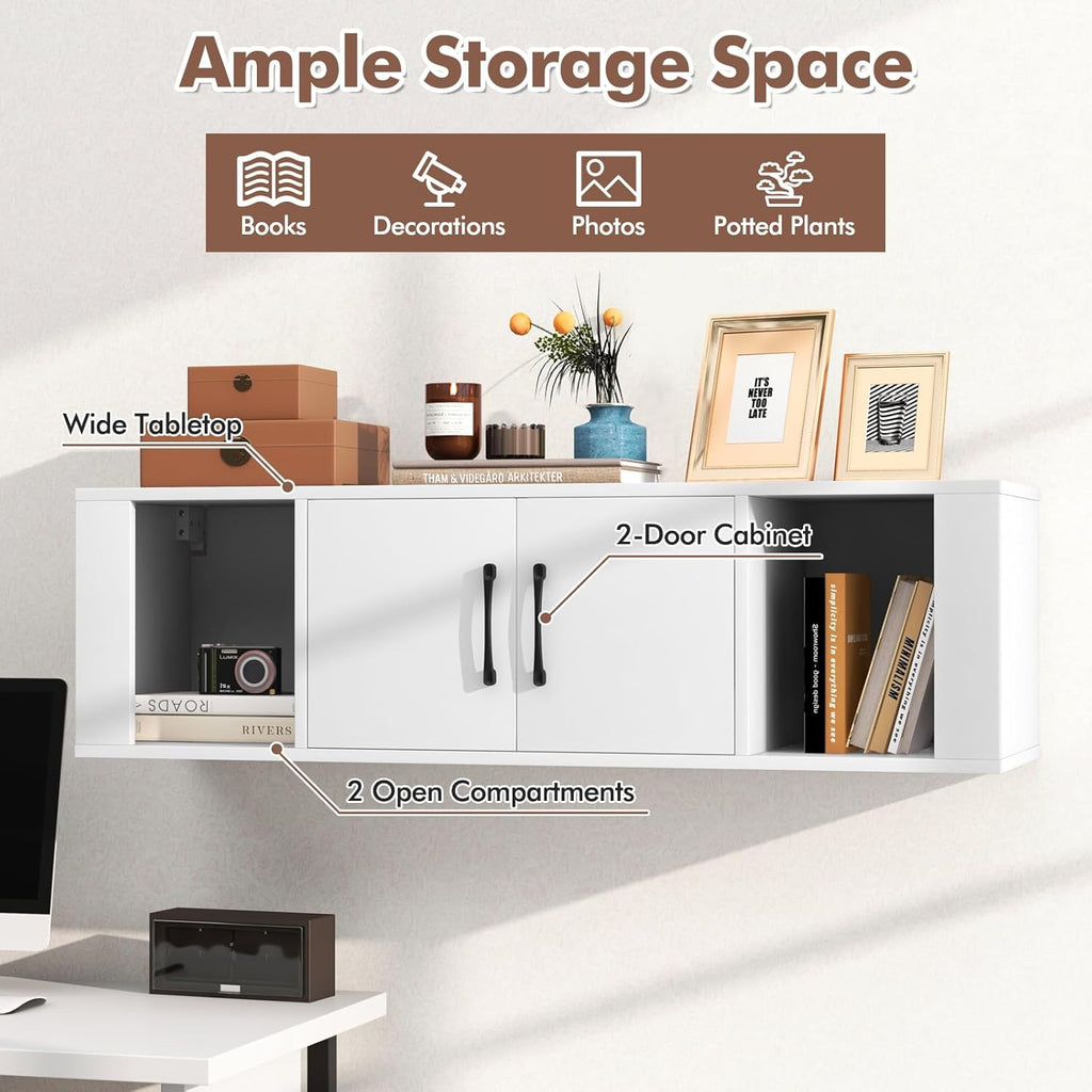 Giantex Wall Mounted Storage Cabinet 2 Cube Floating Media Hanging Desk W/2 Doors and 2 Open Shelves, Home Office Furniture for Kitchen, Bathroom, Living Room Floating Console Hutch (White)