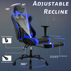Gaming Chair, High Back PU Leather Gaming Chairs Computer Chair with Headrest & Lumbar Support, Height Adjustable Wide Seat Gaming Chairs for Adults, Game Chair with Footrest & Armrest (Blue)