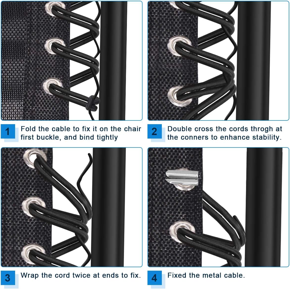 COITEK 4PCS Replacement Cord for Zero Gravity Chair, Universal Elastic Repair Cord for Recliners Replacement Laces Rope for Lounge, Bungee Beach Chair (Black)