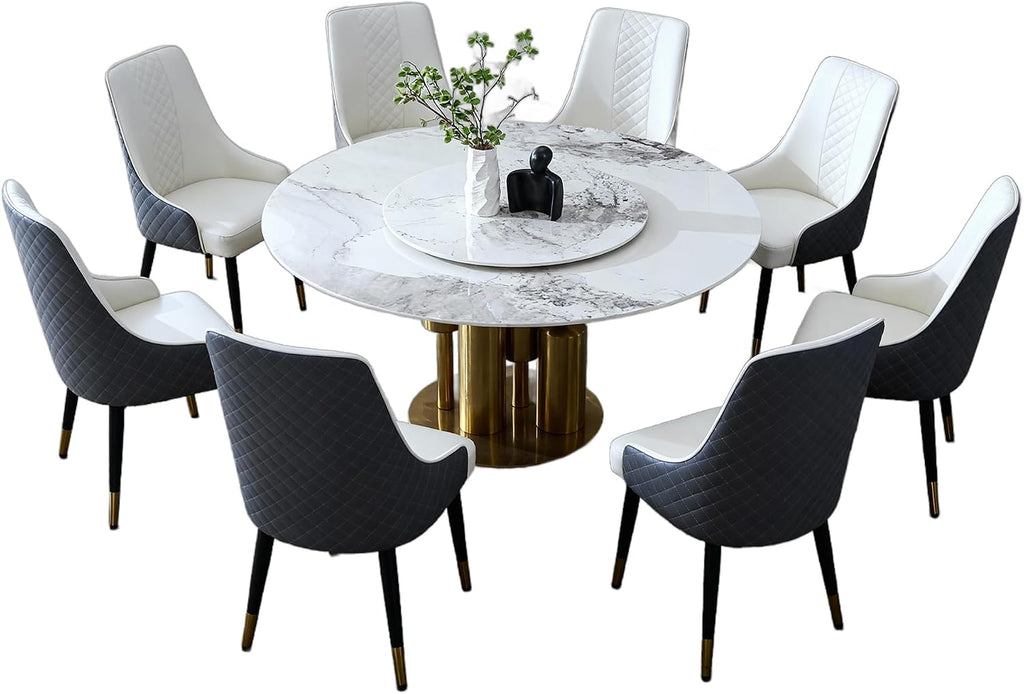 Montary 9 Piece Modern Dining Table Set of 8, Round 59" D Faux Marble Kitchen Table with Lazy Susan, Sintered Stone and Metal Dining Room Table with 8 Dining Chairs, for Home, Living Room