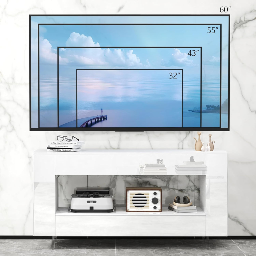 TV Stand High Gloss TV Cabinet with 2 Large Drawers & Push-Open Doors, Modern TV Console Storage Cabinet for Living Room, Office, White