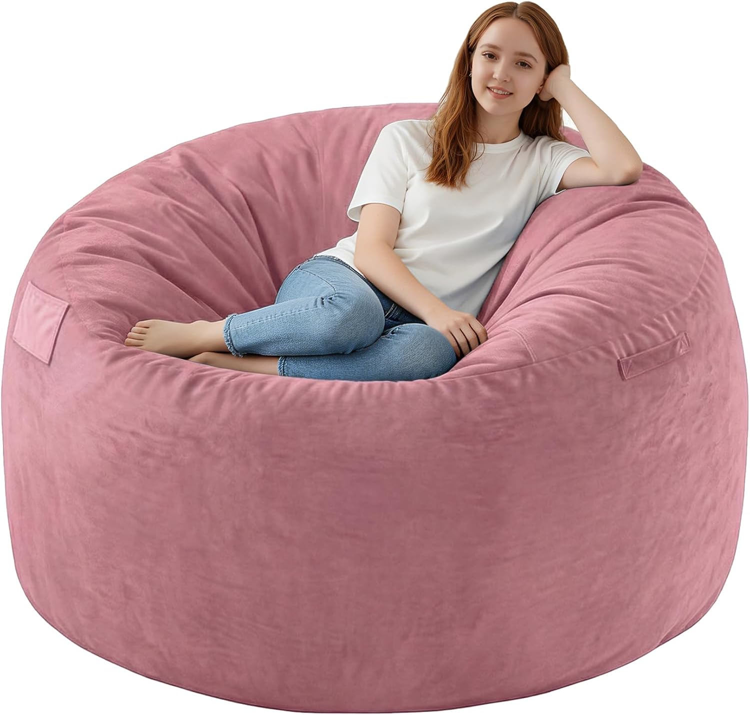 5FT Bean Bag Chair, Large Bean Bag Chairs with Memory Foam Filled, Fluffy Beanbag Sofa with Dutch Velvet Cover, Round BeanBag Chairs for Living Room, Playroom - Dusty Pink