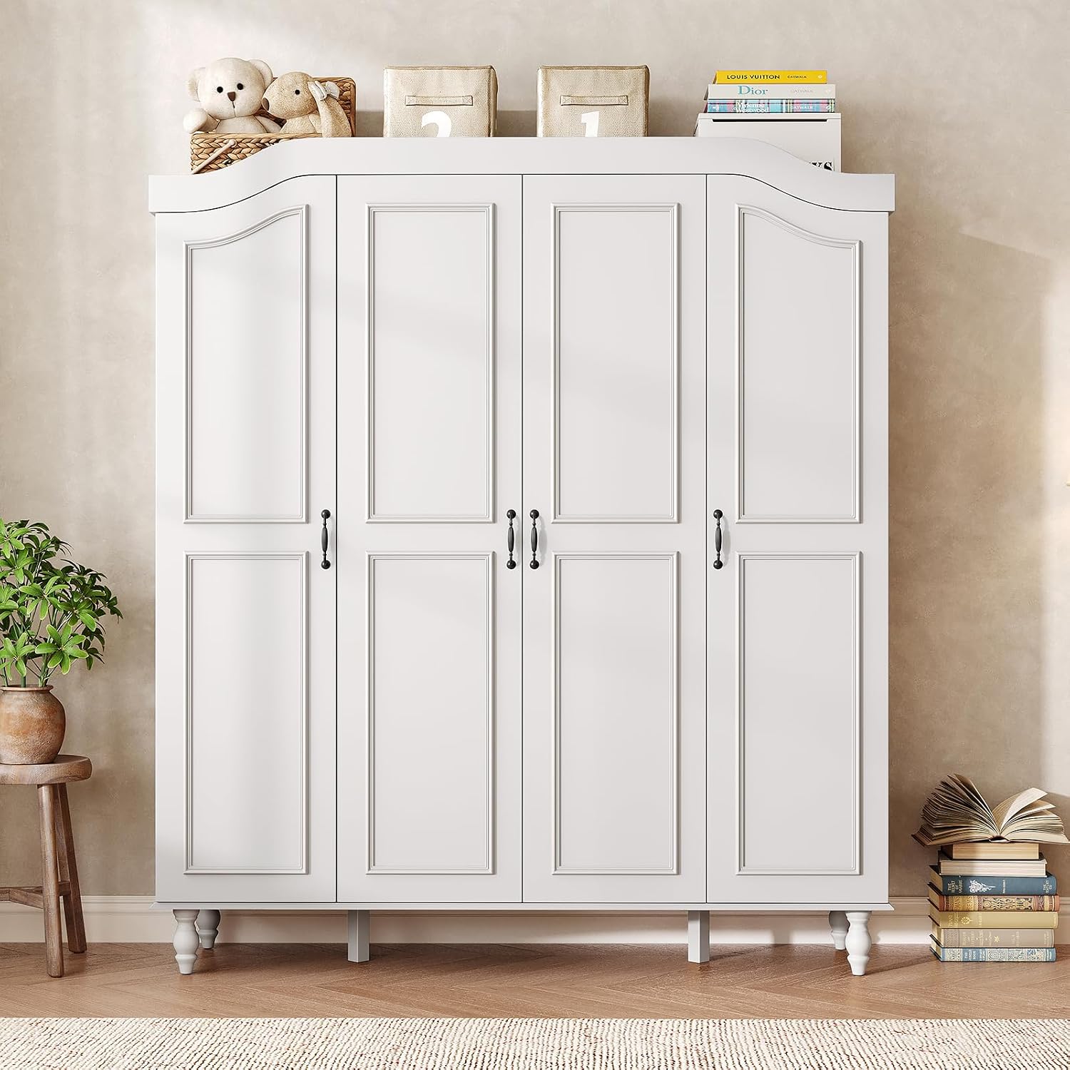 71" H Arched Armoire Wardrobe Closet with 4 Doors, Wooden, White | Large Capacity Wardrobe Cabinet with 2 Hanging Rods and 8 Shelves,Freestanding Armoire Storage Cabinet for Bedroom,Cloak Room