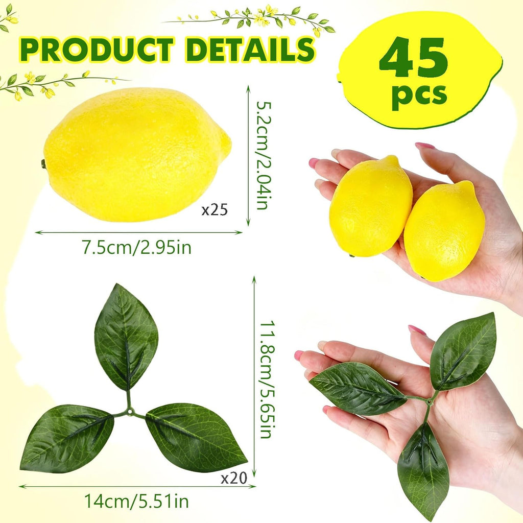 STEFORD 25 Pcs Fake Lemons Artificial Fruits with 20 Pcs Leaves, Faux Yellow Lifelike Simulation Lemons Decor Realistic Lemon Fruits for Home Kitchen Table Cabinet Summer Party Photography Props