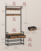 VASAGLE Hall Tree with Bench and Shoe Storage, Entryway Coat Rack with Shoe Bench, 2 Fabric Drawers, 10 Hooks, 11.8 x 31.7 x 71.5 Inches, Vintage Brown and Ink Black UHSR429B01