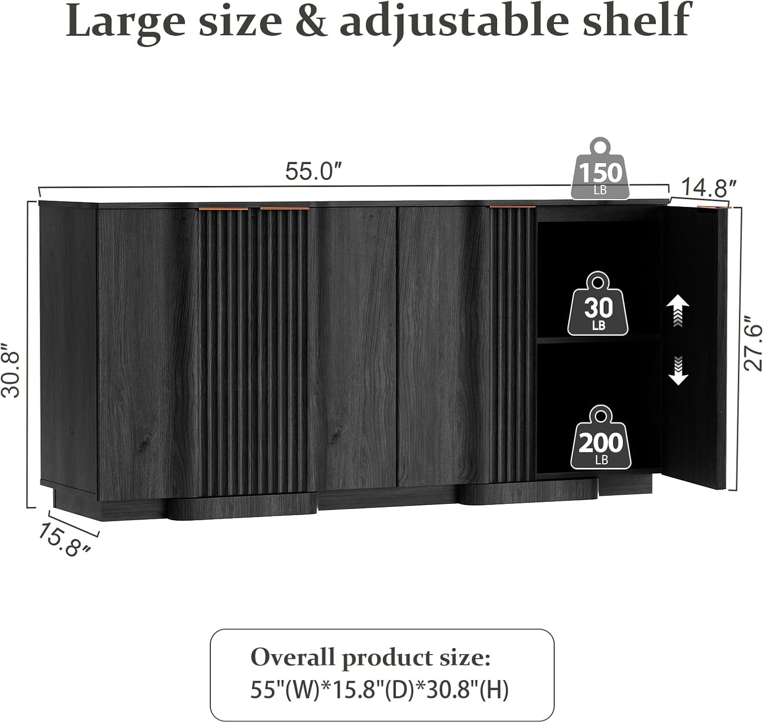 Yechen Buffet Cabinet with Storage, 55" Accent Sideboard Modern Credenza with Doors & Adjustable Shelves Fluted Media Console Wood Coffee Bar Table for Living Kitchen Dining Room Black(4 Door)