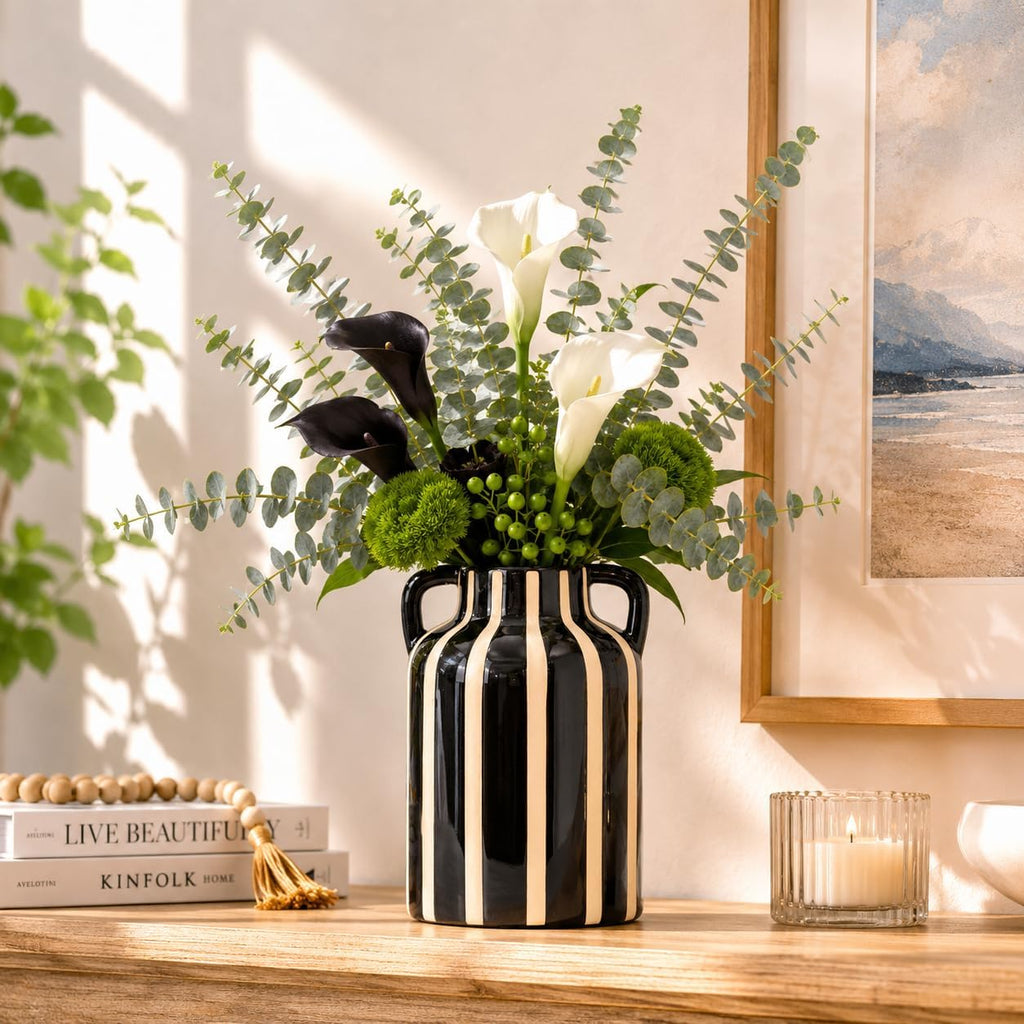 SURE YUESI Black Ceramic Vase with Handles, Modern Farmhouse Striped Decorative Vase, 9.1" Art Deco Tall Flower Vases for Pampas Grass, Shelf Decor, Dining Table Centerpiece, Living Room Home Decor