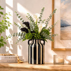 SURE YUESI Black Ceramic Vase with Handles, Modern Farmhouse Striped Decorative Vase, 9.1" Art Deco Tall Flower Vases for Pampas Grass, Shelf Decor, Dining Table Centerpiece, Living Room Home Decor