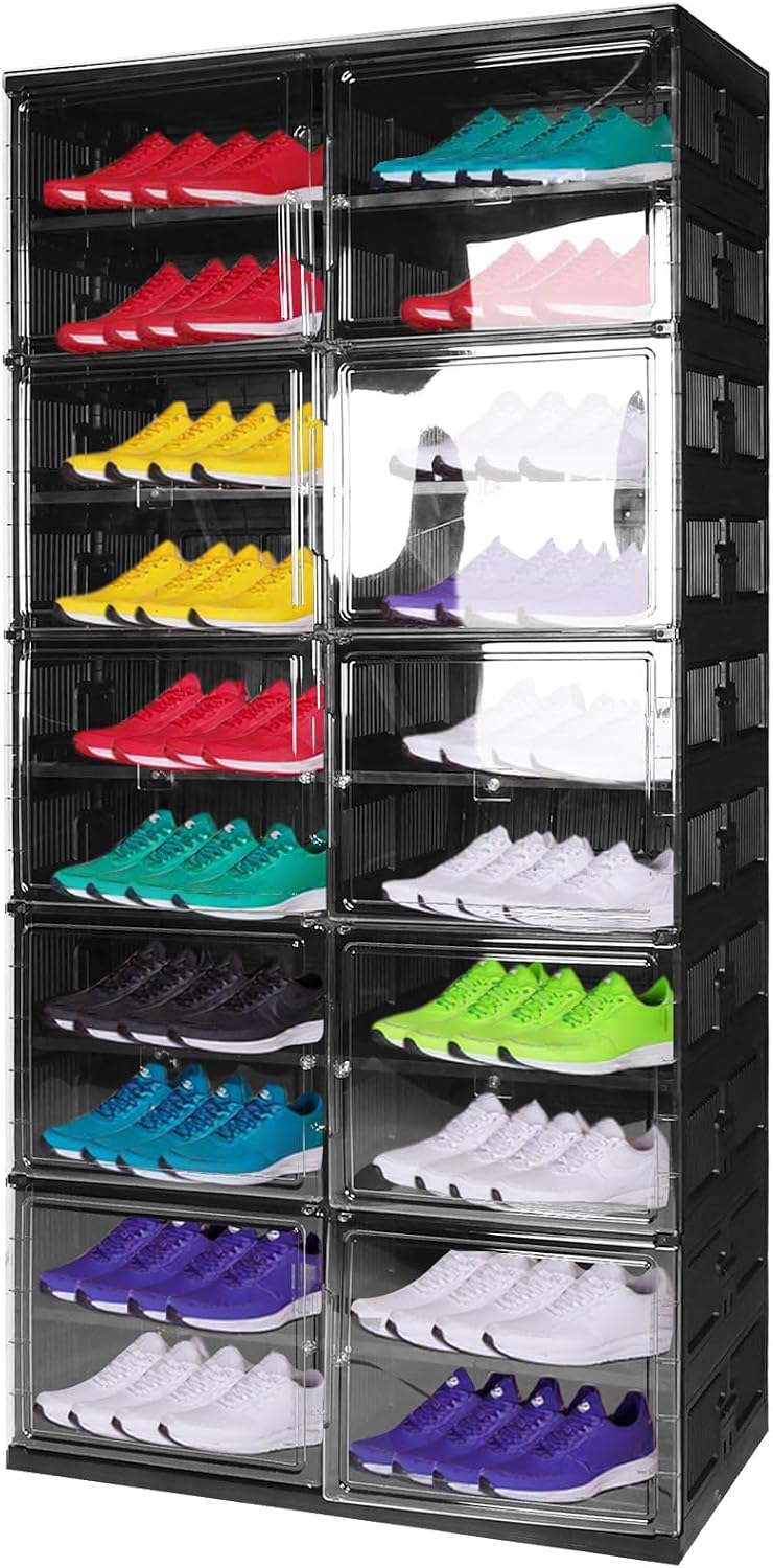 10 Tiers 40 Pairs Easy Assembly Shoe Shelves Organizer with Doors Foldable Shoes Rack Organizer for Closet Entryway Living Room