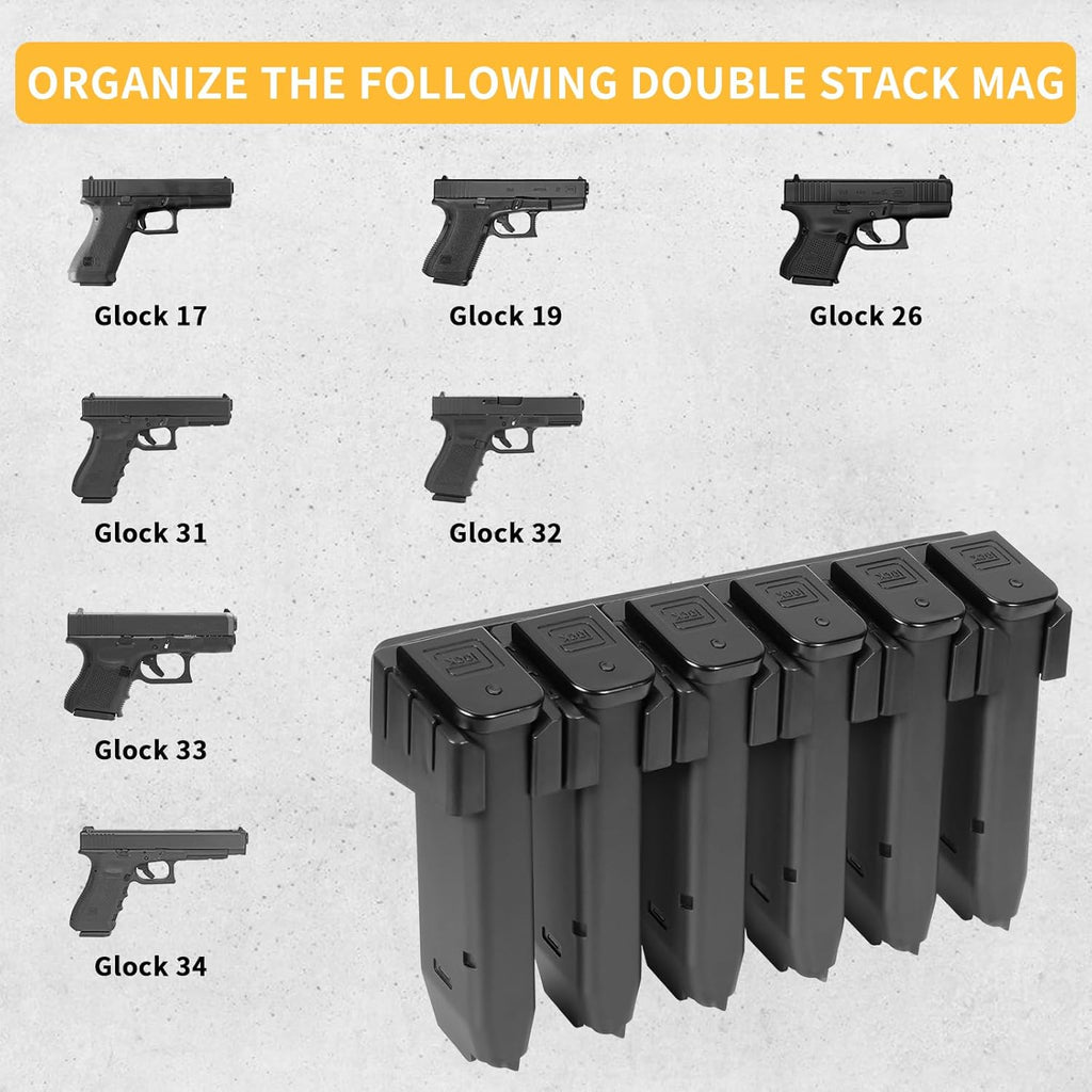 Adoreal Magnetic ABS 6 Standard Double Stack Mag Rack Wall Mount, Wall Magazine Display, Detachable Wall Mags Storage Organization System, Precision Fit Glock 17, 19, 26, 31, 32, 33, 34 Mags