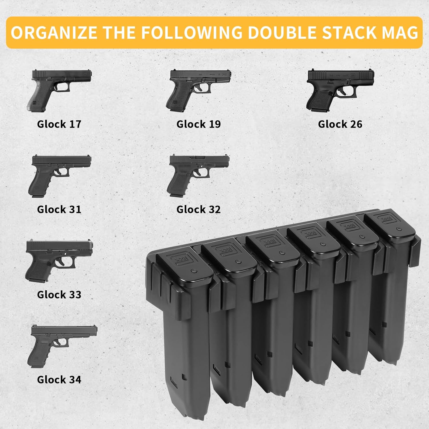 Adoreal Magnetic ABS 6 Standard Double Stack Mag Rack Wall Mount, Wall Magazine Display, Detachable Wall Mags Storage Organization System, Precision Fit Glock 17, 19, 26, 31, 32, 33, 34 Mags