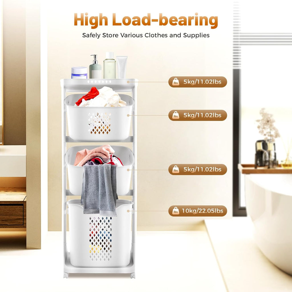 3-Tier Rolling Laundry Basket Organizer Sorter with Wheels, Vertical Removable Dirty Clothes Laundry Hamper Cart for Laundry Room Organization Dorm, Closet, Bathroom