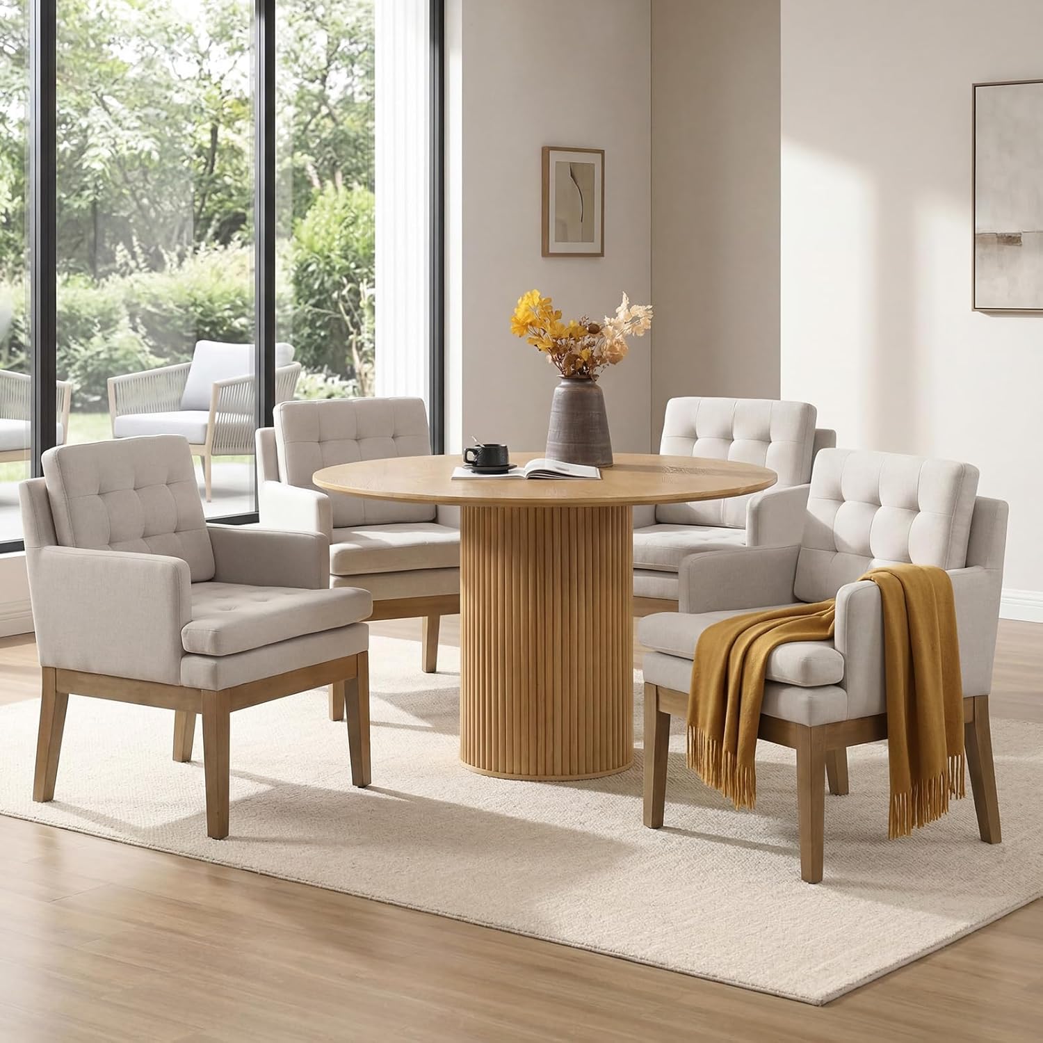 Linen Fabric Dining Chairs Set of 2, Upholstered Tufted Kitchen Room Chairs with Arms, Cozy Farmhouse Solid Wood Accent Side Chair for Dining/Living Room, Removable Cushion, Light Grey
