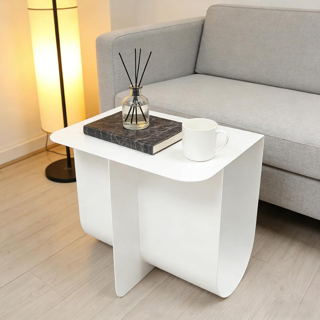 Modern Minimalist Metal Side Table with Storage, Curved Design Accent Table Coffee Table – Multipurpose End Table for Living Room, Bedroom, Office, Small Spaces