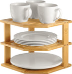 Bambüsi Plate Organizer for Cabinet - 3 Tier Bamboo Corner Cabinet Organizer Shelf for Plates Bowls Mugs Cups, Kitchen Cabinet Organizer, Cabinet Shelf Organizer, Countertop Rack, 10 x 10 x 9.5 Inch