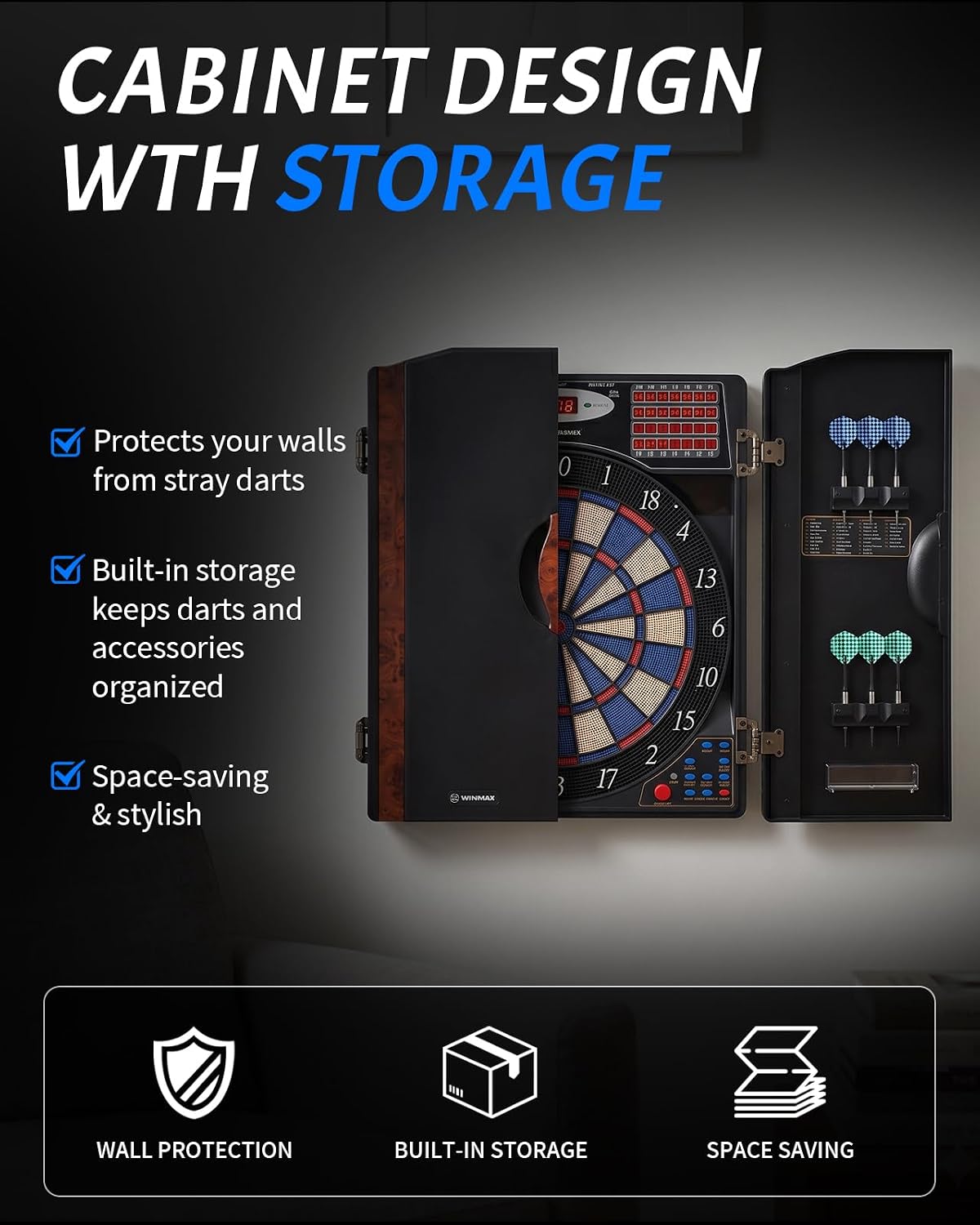 WIN.MAX Electronic Dart Board Cabinet Set for Adults, Black | LED Scoring, 38 Games & 211 Variants, Up to 16 Players, 12 Darts+40 Tips, Wall Mount for Home Bar Game Room Man Cave