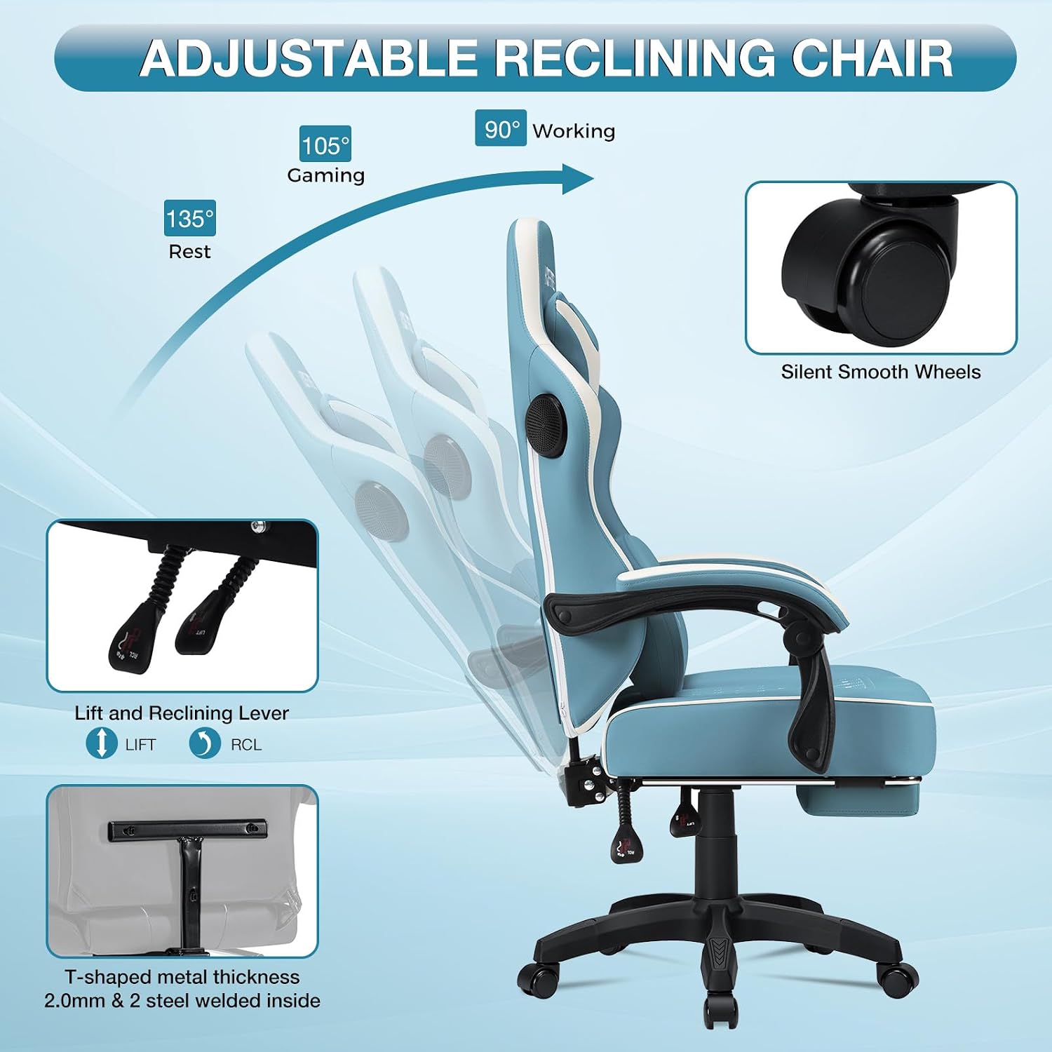 HOFFREE Gaming Chair Computer Chair with Speakers Massage Game Chairs with Footrest Bluetooth High Back Ergonomic Computer Gaming Chairs for Adults Reclining Video Gamer Chair Stone Blue and White