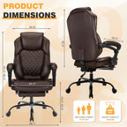 400lbs Ergonomic Reclining Office Chair with Footrest, Plus Size Big Tall Leather Recliner Office Desk Chairs with Foot Leg Rest, Brown