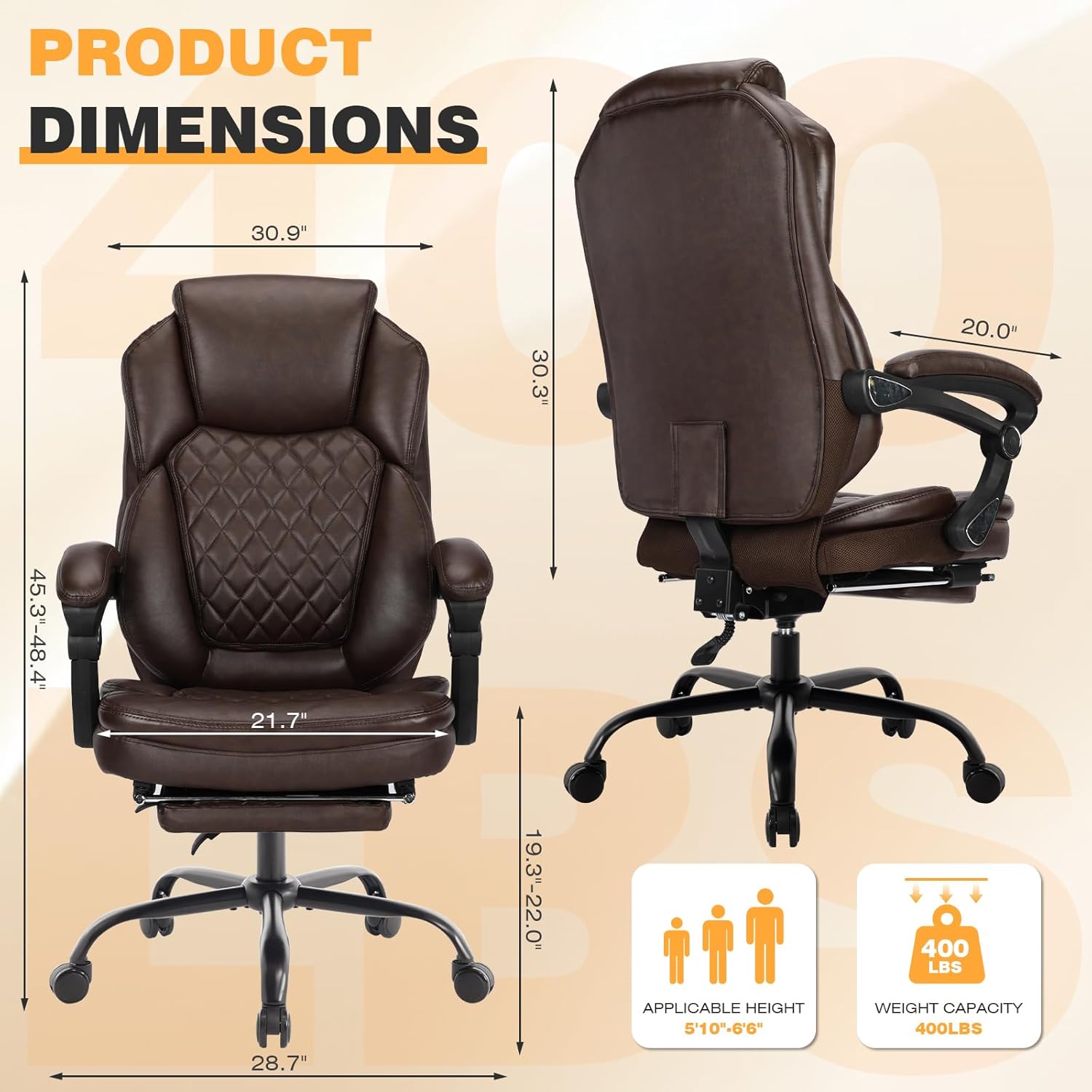 400lbs Ergonomic Reclining Office Chair with Footrest, Plus Size Big Tall Leather Recliner Office Desk Chairs with Foot Leg Rest, Brown