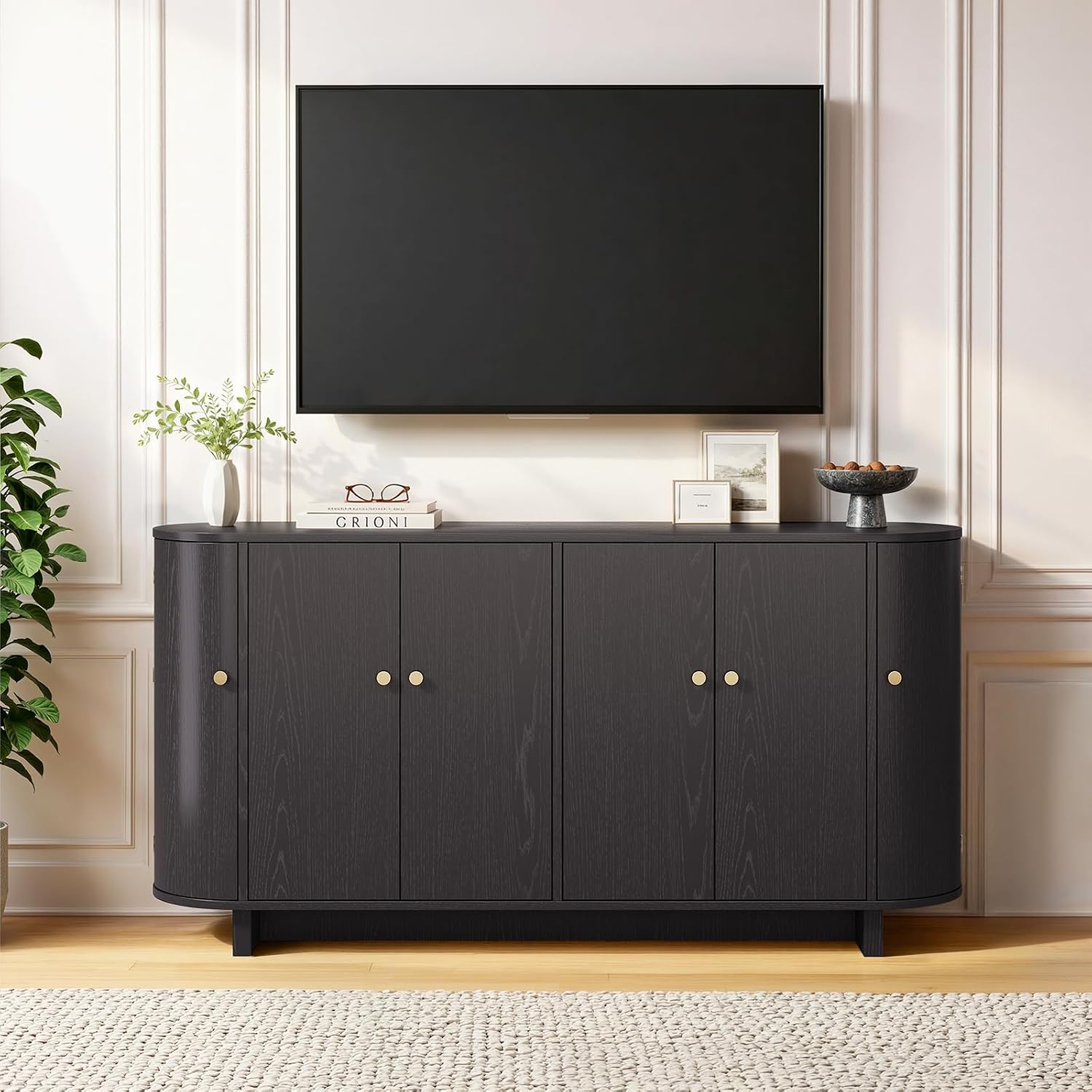 ONBRILL 63 Inch Sideboard Buffet Cabinet, Modern Oval Cabinets with Doors, Large Buffet Cabinets with Storage, Console Credenza w/Adjustable Shelves for Living Room, Kitchen, Entryway, Black