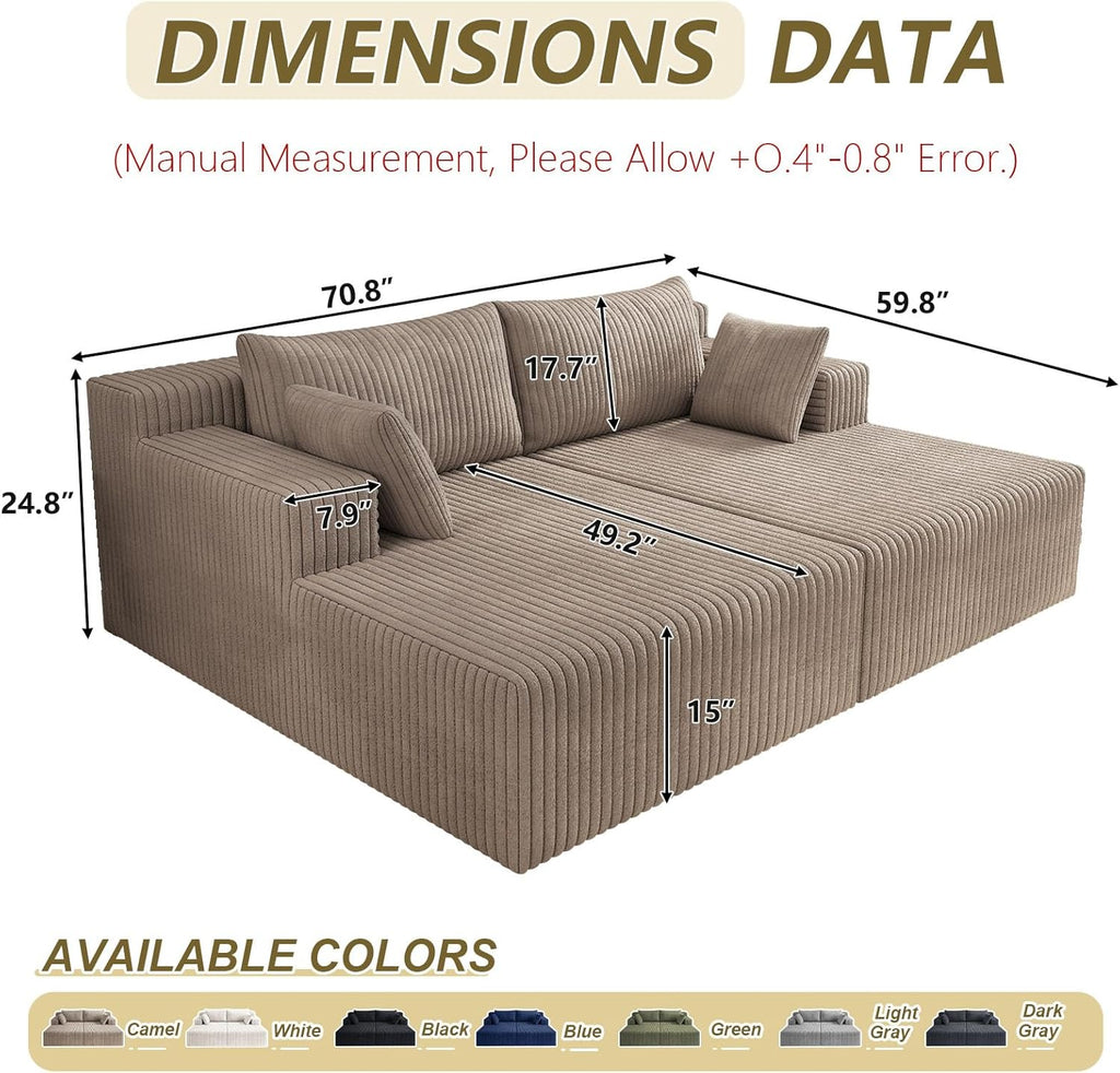 71" Oversized Double Chaise Lounges Indoor, Upholstered Corduroy Oversized Chaise Lounge Chair, Modern Sleeper Loveseat Chair Boneless Cloud Couch for Living Room Bedroom Reading (Camel)