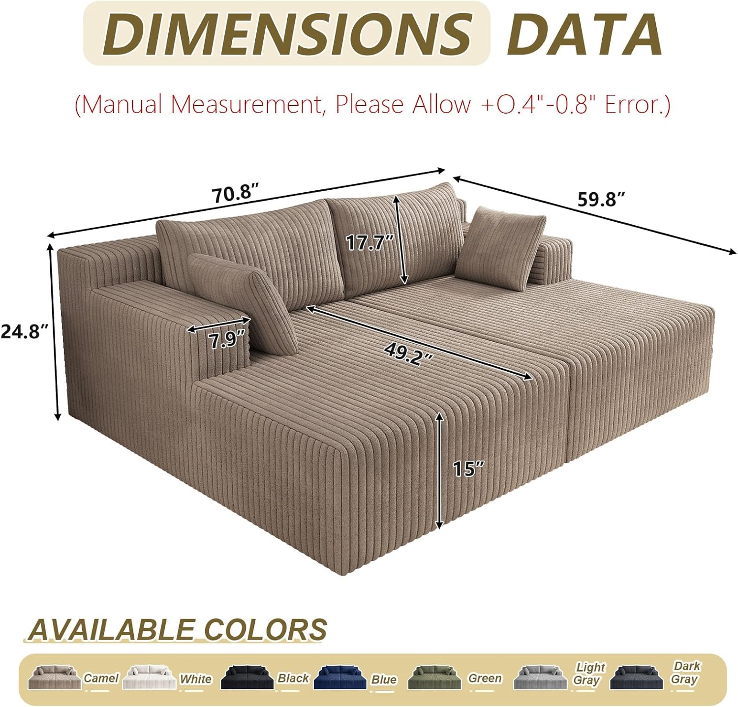 71" Oversized Double Chaise Lounges Indoor, Upholstered Corduroy Oversized Chaise Lounge Chair, Modern Sleeper Loveseat Chair Boneless Cloud Couch for Living Room Bedroom Reading (Camel)