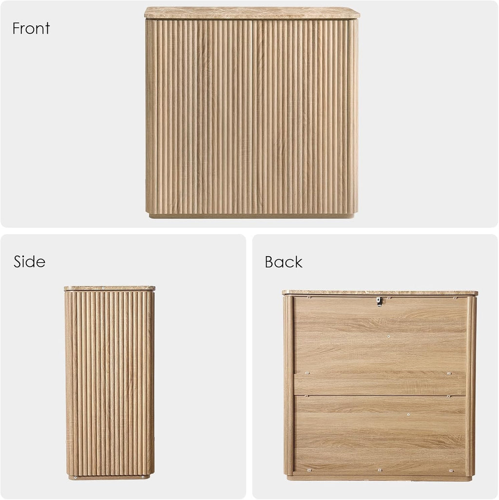 Fluted 2 Doors Sideboard Cabinet with Storage, 34" Wooden Credenza with Shelves, Faux Marble-Top Coffee Bar Console, Modern Buffet Cabinet for Dining, Kitchen, Living Room, Entryway, Natural Oak, 3pcs