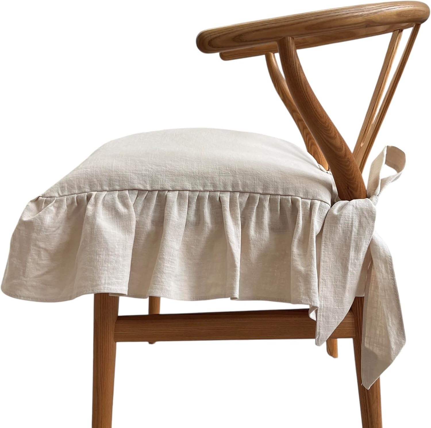 Korean Made Chair Pad 17.5'x 17.5' Slipcover Chair Cushion Cover with Ties and Ruffle Farmhouse Decor No Cushion Insert, Stocking Stuffer Gift for Mom (Vanilla)