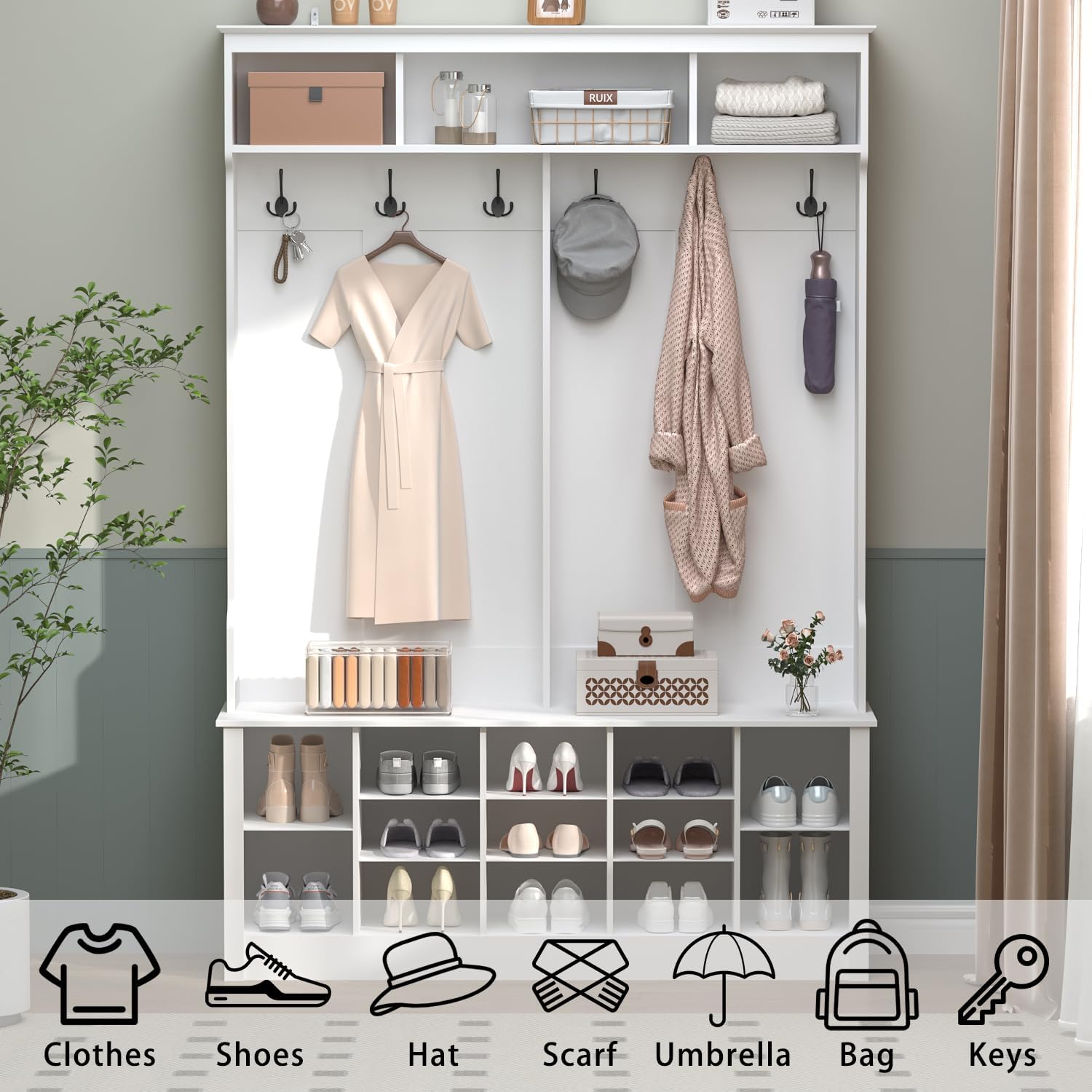 Wodeer Hall Tree with Bench and Shoe Storage, 53" Farmhouse 4-in-1 Mudroom Storage Organizer with Coat Rack, 6 Hooks, 12 Shoe Cubbies, Adjustable Shelf, for Entryway, Hallway, Living Room, White
