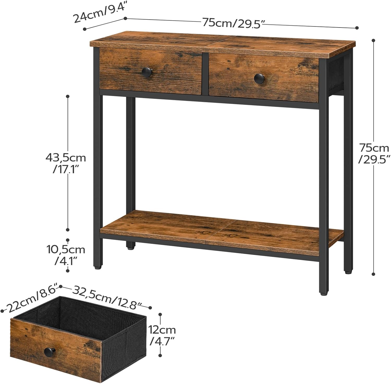 HOOBRO 29.5" Narrow Console Table with 2 Fabric Drawers, Small Entryway Table with 2-Tier Storage Shelves, Sofa Table, Behind Couch Table, for Living Room, Hallway, Rustic Brown and Black BF71XG01