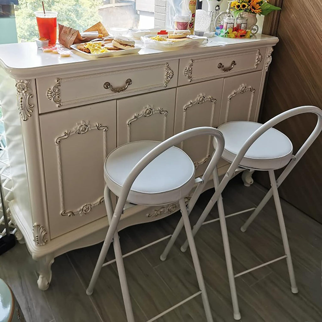 QQXX Folding Bar Stool with Footrest,Leather Padded Folding Kitchen Stool,Portable Counter Height Foldable Stool Tall Bar Stools for Outdoor Kitchen Shop Cafe(2 Pc, White Seat Height 25.5")