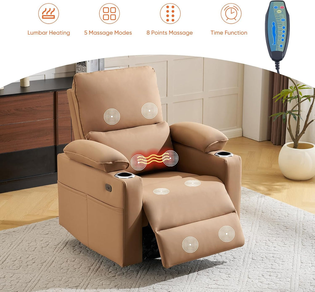 270° Swivel Rocker Recliner with Adjustable Armrests,Oversized Power Nursery Recliner with Heating and Massgae,Rocking Chair Nursery with One-Touch Reset,Double Cup Holder,Faux Leather,Brown