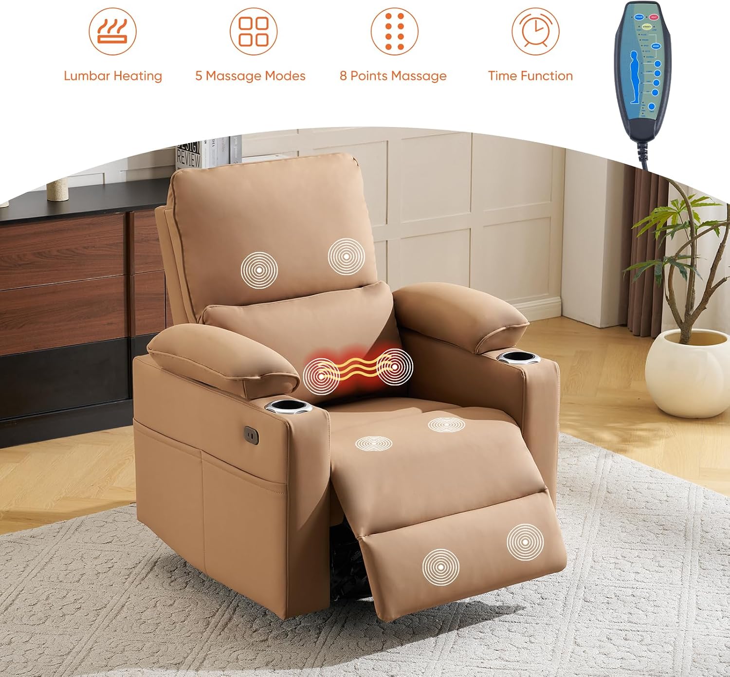 270° Swivel Rocker Recliner with Adjustable Armrests,Oversized Power Nursery Recliner with Heating and Massgae,Rocking Chair Nursery with One-Touch Reset,Double Cup Holder,Faux Leather,Brown