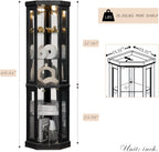 70" Lighted Corner Curio Cabinet, Curved Wood China Display Case with Tempered Glass Doors & Adjustable Shelves, Light Bulb Included, Tall Wine Storage Rack for Bar and Liquor Storage (Black)
