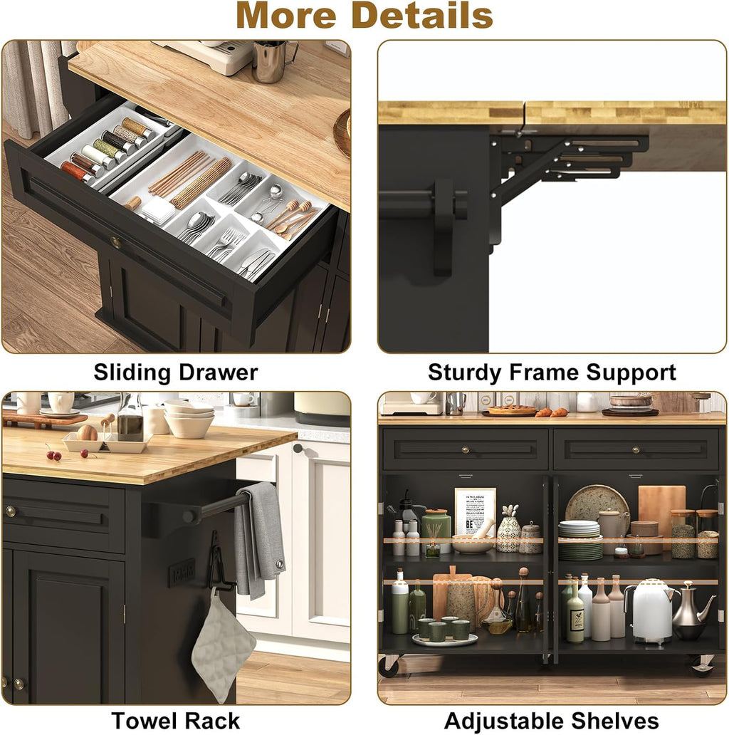 Gitua 59" W Rolling Kitchen Island with Drop Leaf, Movable Kitchen Carts on Wheels Island with Storage Cabinet&Charging Station, Island Table for Kitchen w/Rubber Wood Top, Rack, Hook, Drawers, Black