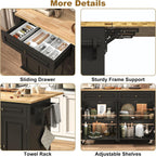 Gitua 59" W Rolling Kitchen Island with Drop Leaf, Movable Kitchen Carts on Wheels Island with Storage Cabinet&Charging Station, Island Table for Kitchen w/Rubber Wood Top, Rack, Hook, Drawers, Black