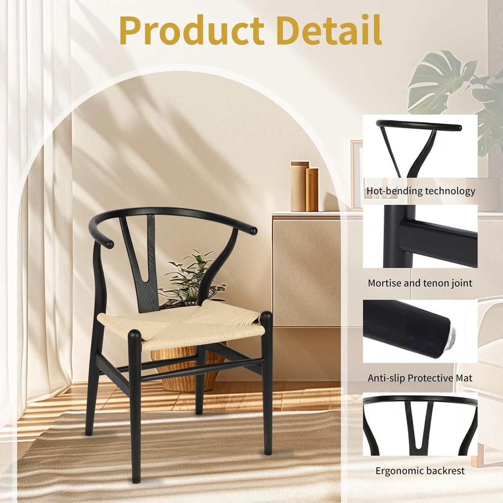 Wishbone Chair Natural Solid Wood Dining Chair/Hans Wegner Y Chair Rattan and Wood Accent Armrest Chairs - Ash Wood Chairs Set of 4 (Ash Wood - Black + Natural Color)