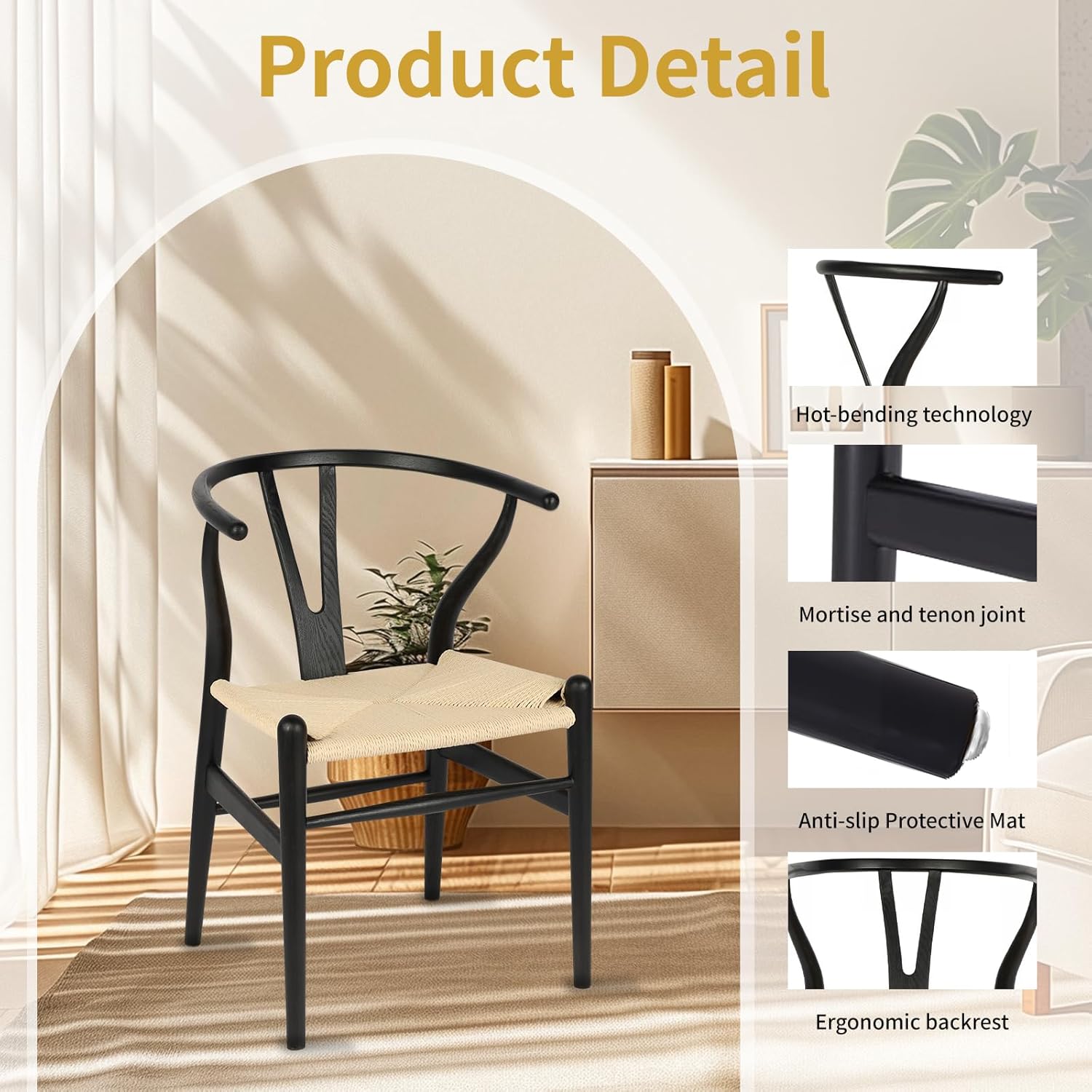 Wishbone Chair Natural Solid Wood Dining Chair/Hans Wegner Y Chair Rattan and Wood Accent Armrest Chairs - Ash Wood Chairs Set of 4 (Ash Wood - Black + Natural Color)