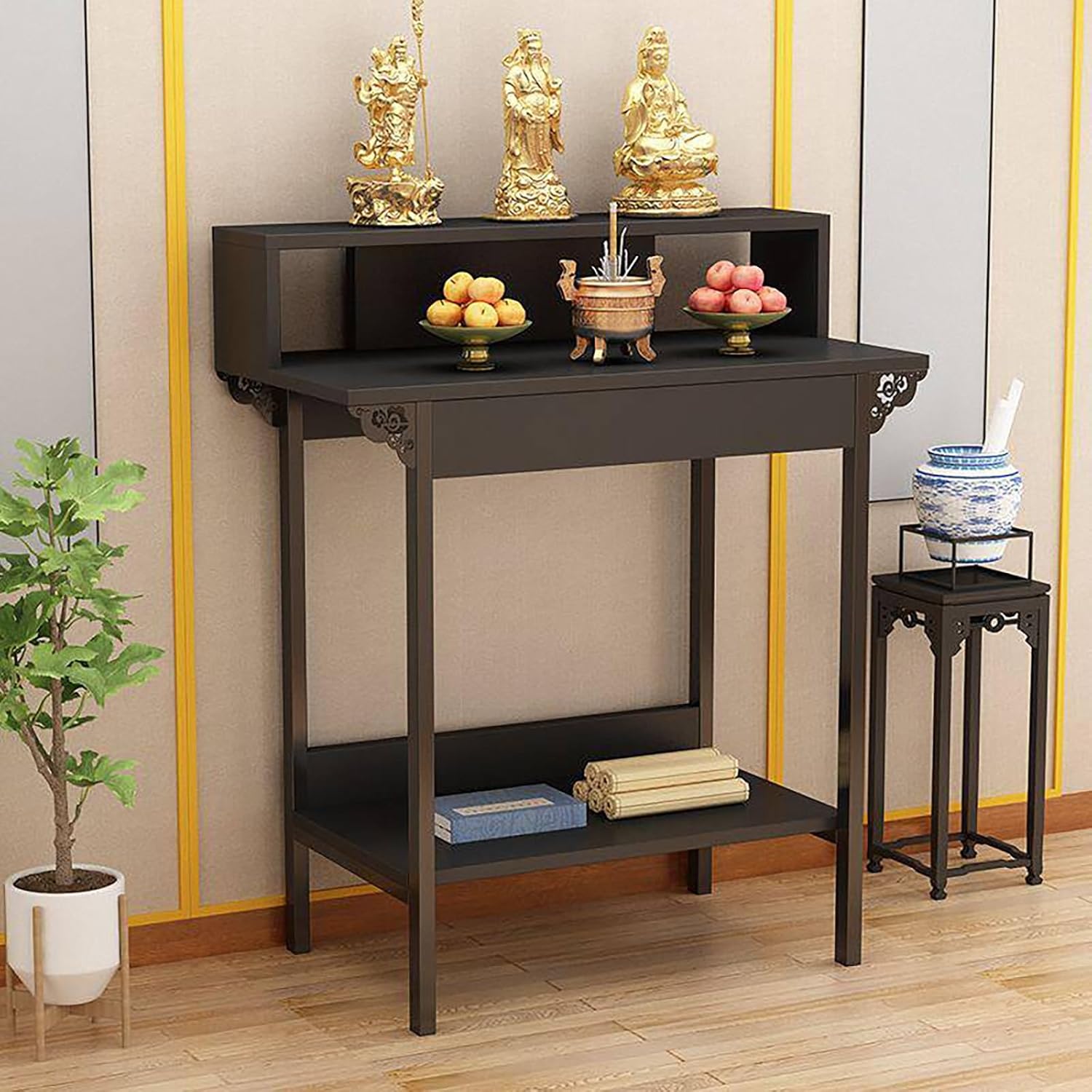 Solid Wood Altar Table, Prayer Meditation Table with Storage, Buddhist Shrine Cabinet for Small Spaces, Pooja Stand for Home Temple and Office Puja Mandir God(Black,60 * 42cm/23.6 * 16.5in)