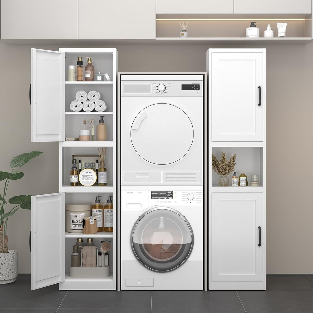 67" Tall Narrow Bathroom Storage Cabinet, Slim Metal Cabinet with Doors and Adjustable Shelves, Freestanding Pantry Organizer for Small Spaces, Bathroom, Kitchen, Laundry Room, Living Room, White