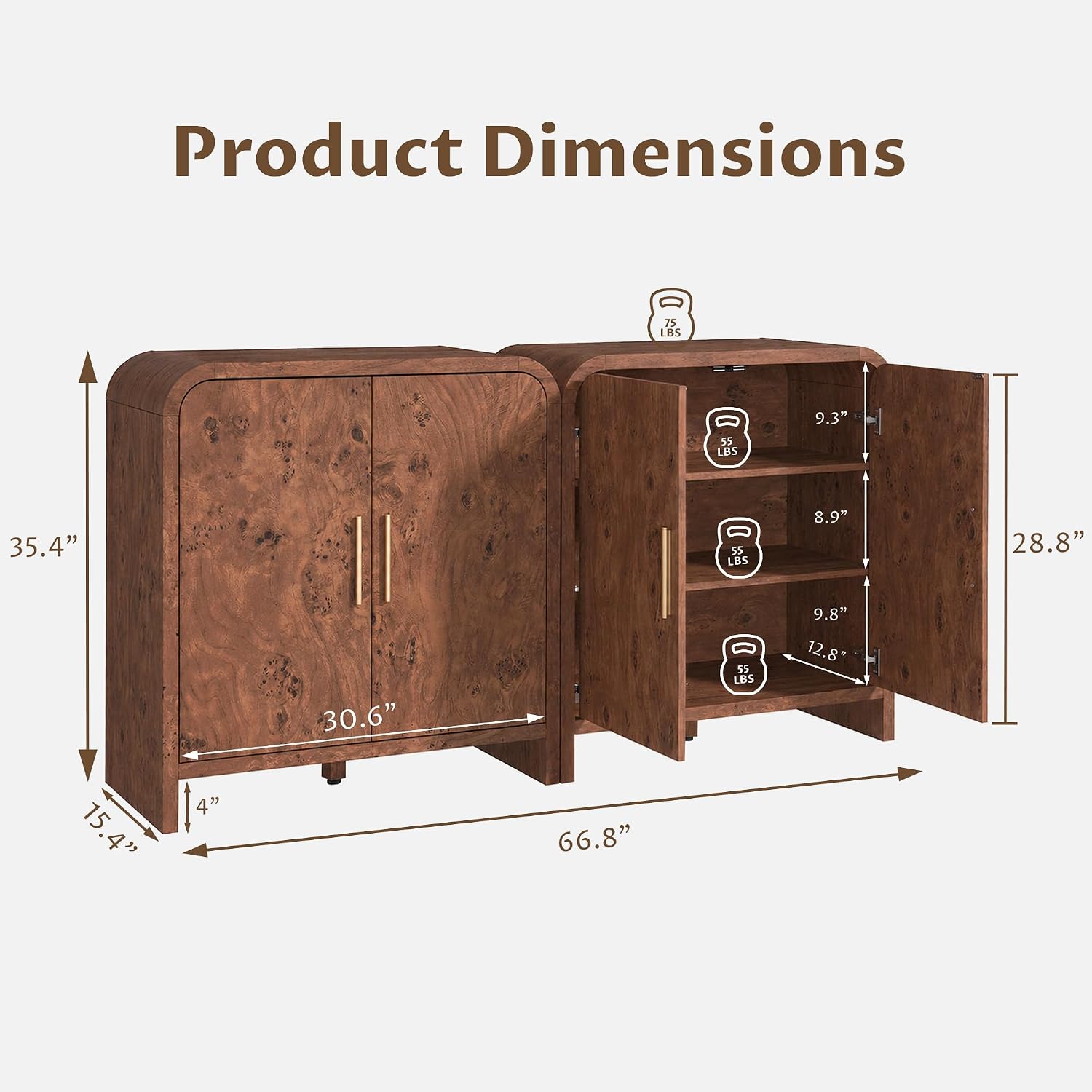 Set of 2 Sideboard Buffet Cabinet, Buffet Cabinet with Storage and 2 Adjustable Shelves, Sideboard credenza Cabinet for Kitchen Entryway, Dark Walnut Burl