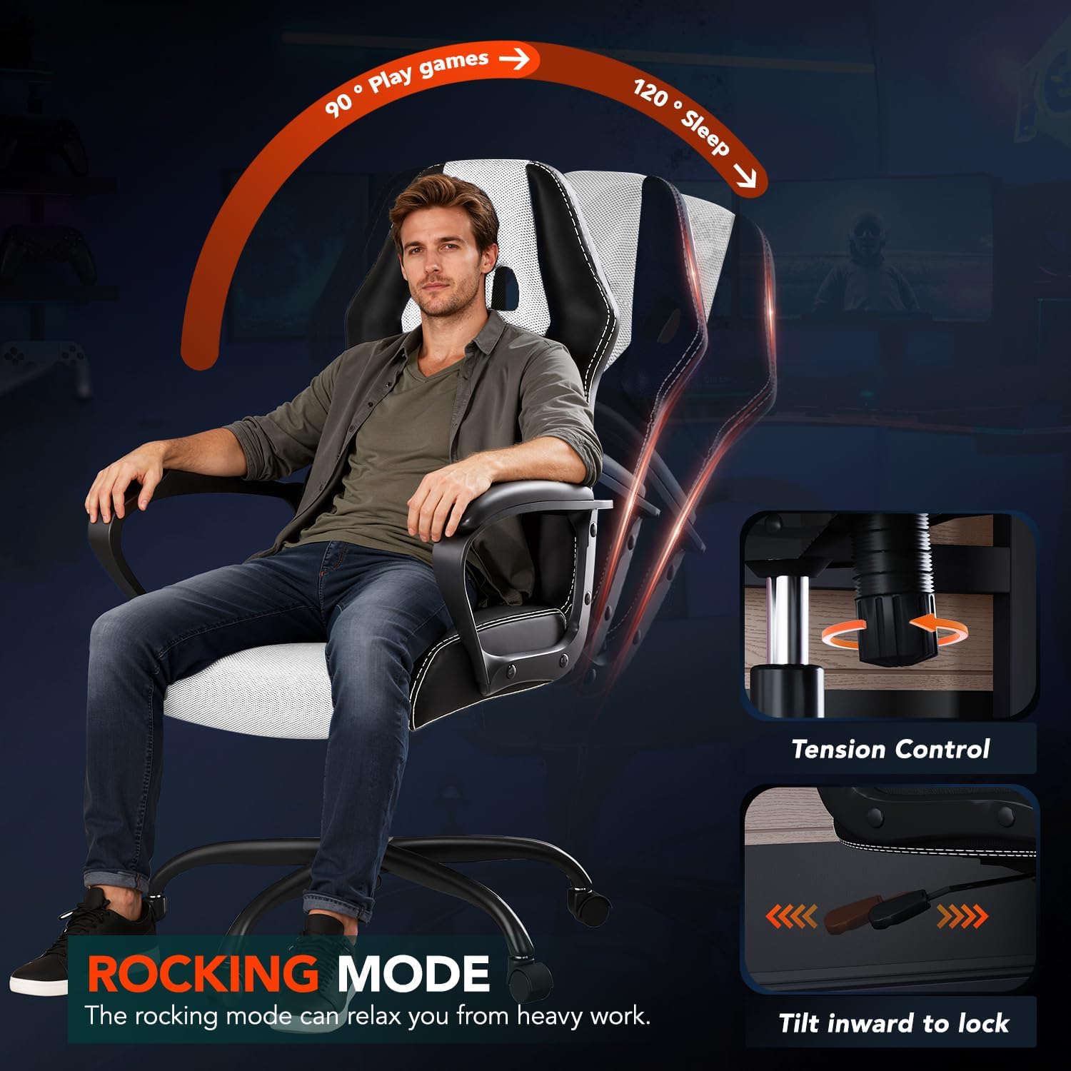 BestOffice Gaming Chair with Massage, Ergonomic Office Desk Chair, Adjustable Lumbar Support & Headrest,Computer Task Chair, 360° Swivel for Adults (White)