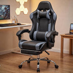Computer Gaming Chair with Footrest, Ergonomic High Back PU Leather Video Racing Chair with Adjustable Headrest & Linkage Armrest, for Office and Home, Adults, Grey