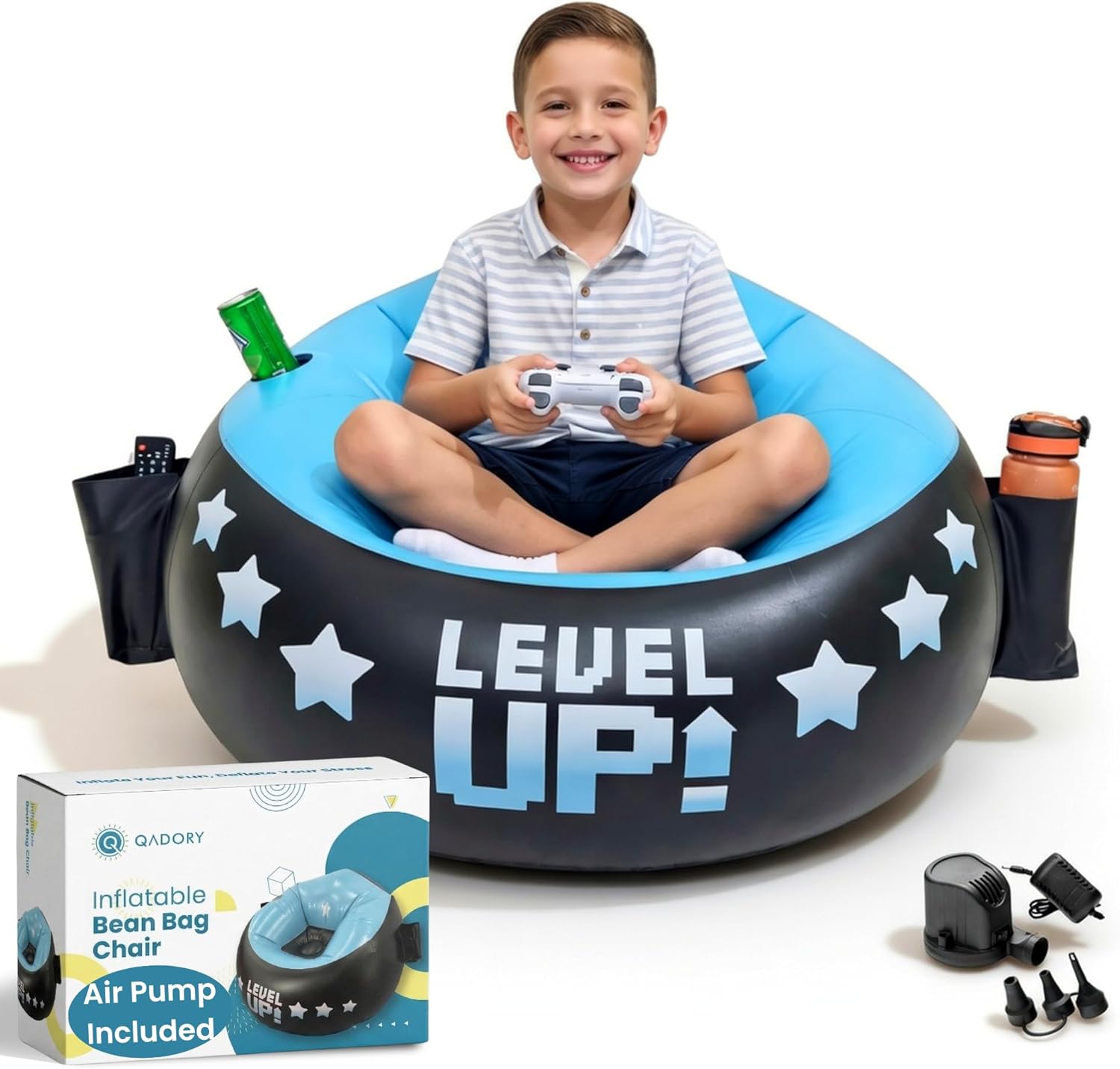 Inflatable Gaming Chair for Kids – Supports Up to 300 lbs, Includes Air Pump, Cup Holder, 2 Pockets – Durable Bean Bag Seat, Comfy Kids Gaming Chair & Top Gamer Chairs for Kid Room