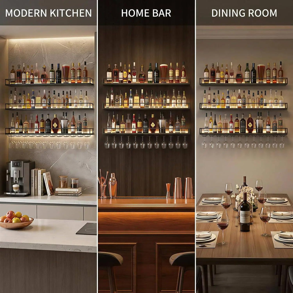 39.4" Wall Mounted Wine Rack with Lights, 3-Tier Floating Bar Shelf | Holds Wine Bottles & Hanging Glasses, for Home Bar/Cafe/Dining Room, Modern Decor, Easy Wall Install