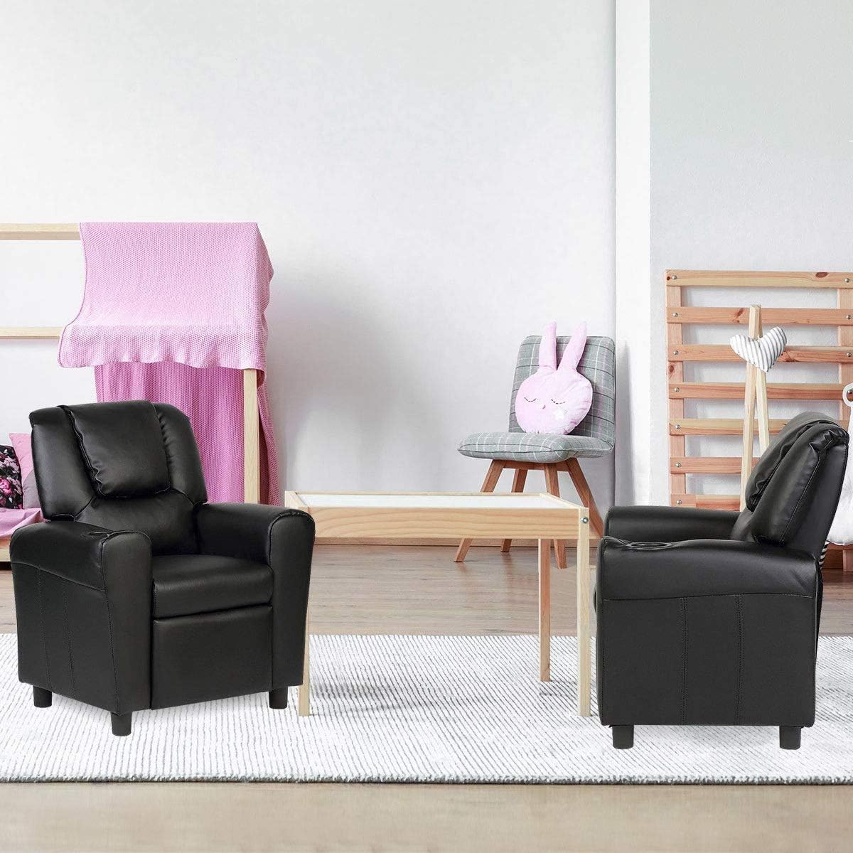 ARLIME Kids Recliner Chair, Toddler Armchair Upholstered Couch with Cup Holder, Backrest, Baby Leather Sofa with Headrest and Footrest, Child Furniture for Ages 2-7 (Black)