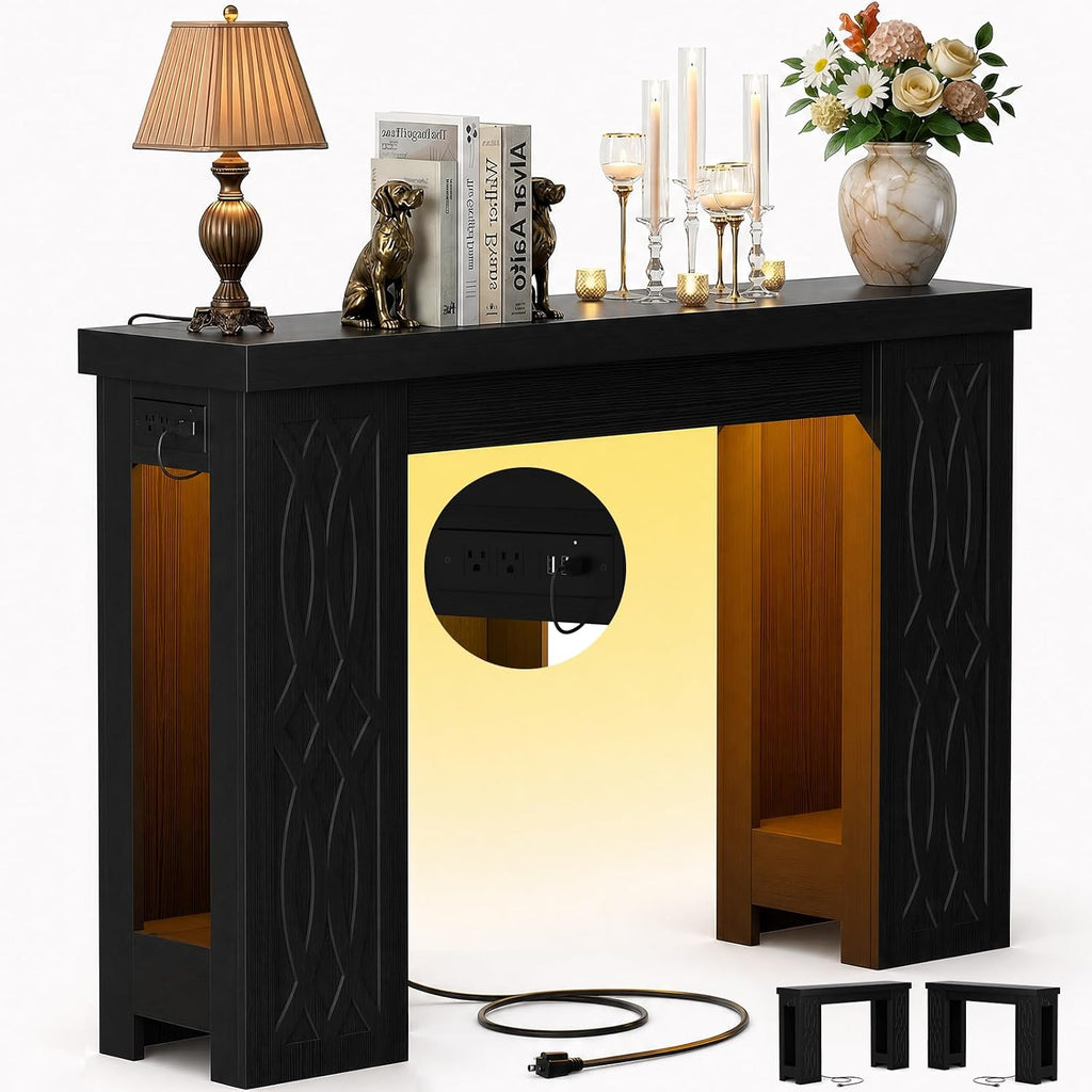 Cyclysio 39" Farmhouse Console Table with Charging Station, Entryway Table with Colorful LED Lights, Wooden Sofa Table with Unique Carved Design, Foyer Accent Table for Entrance, Hallway, Living Room
