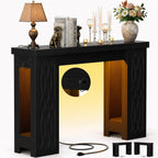 Cyclysio 39" Farmhouse Console Table with Charging Station, Entryway Table with Colorful LED Lights, Wooden Sofa Table with Unique Carved Design, Foyer Accent Table for Entrance, Hallway, Living Room